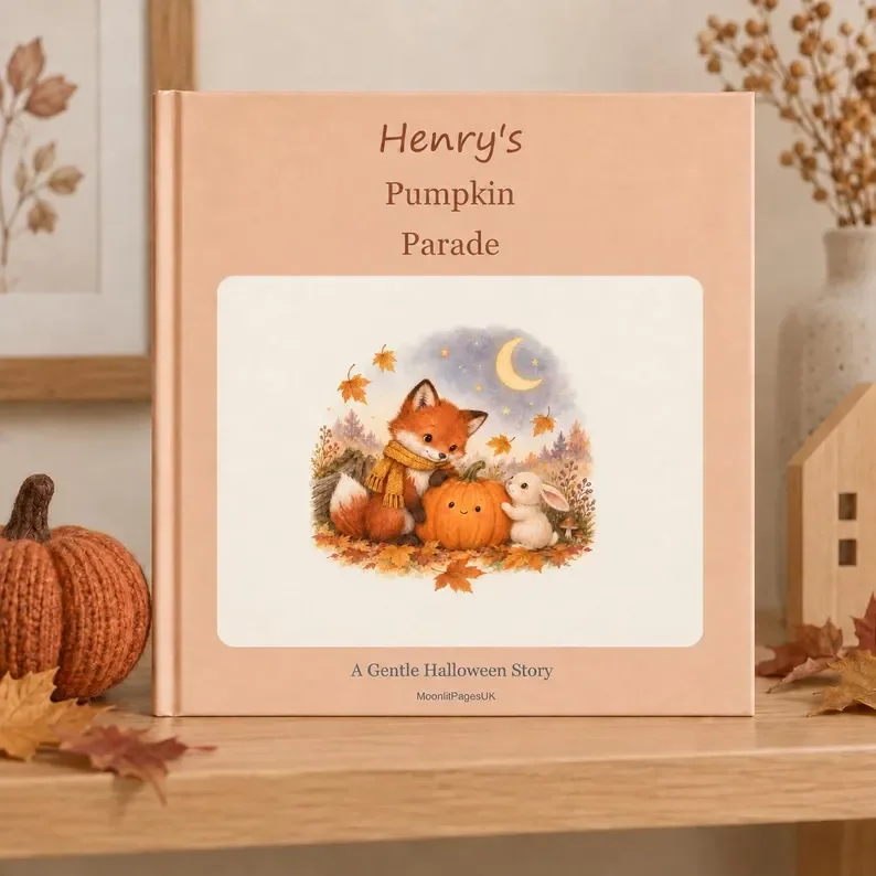 Custom name Halloween book cover with a fox and pumpkin parade on an autumn table – personalised Halloween gift for kids