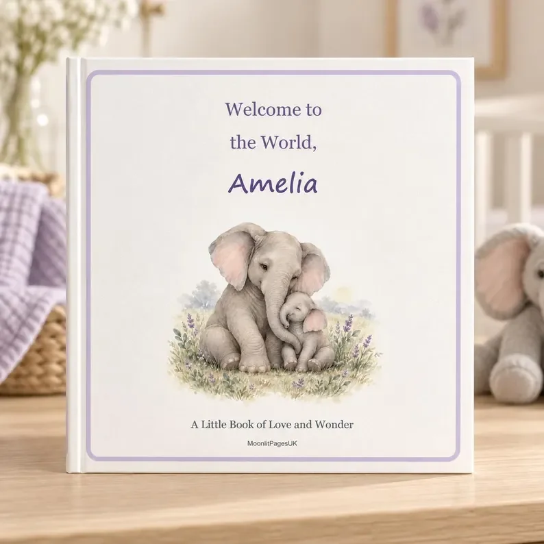 Welcome to the World custom name baby book cover with a mother and baby elephant – personalised newborn gift