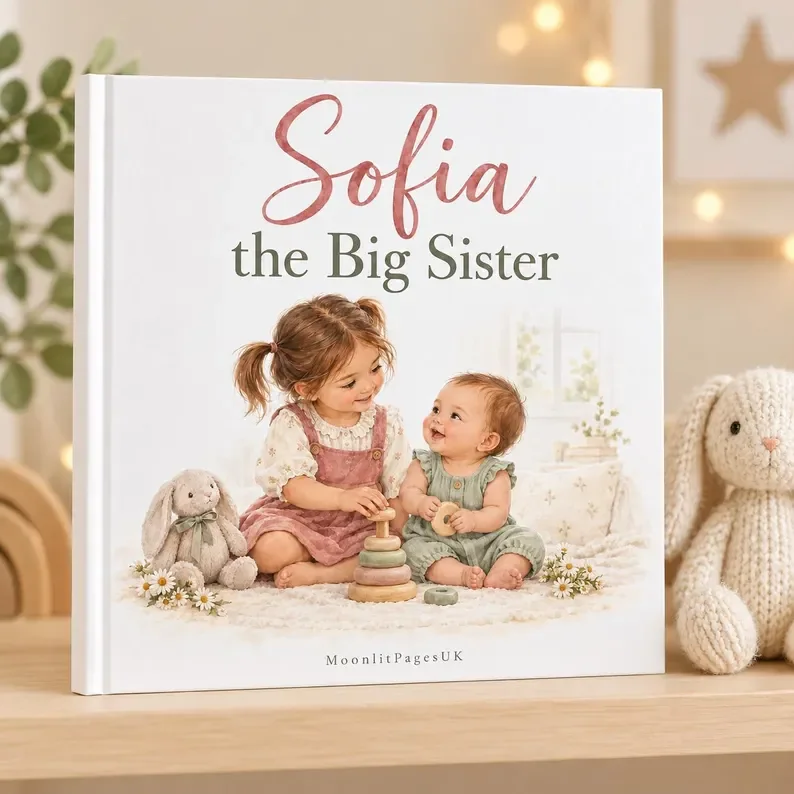 Personalised big sister book – custom name 'Sofia the Big Sister' storybook with an illustrated big sister and new baby, a promoted to big sister gift