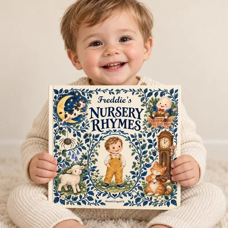Personalised nursery rhyme book for baby – smiling baby holding a custom name nursery rhymes keepsake book, a baby shower gift