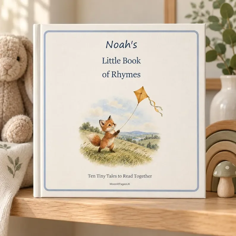 Custom name animal rhymes book cover with a fox and a kite – personalised nursery rhyme keepsake and baby shower gift