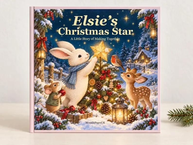 Custom name Christmas book cover with a rabbit and deer by a glowing Christmas tree – personalised Christmas star story for kids