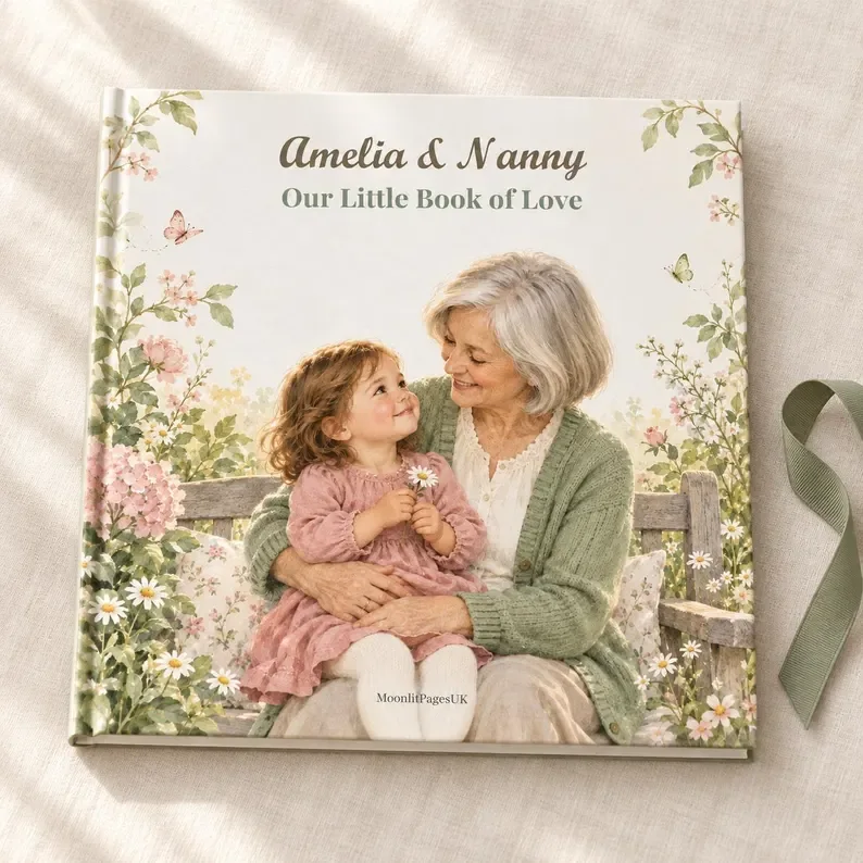 The floral Amelia & Nanny square hardcover book lies on ivory linen beside a sage ribbon, in soft natural light. The complete personalised cover is visible.
