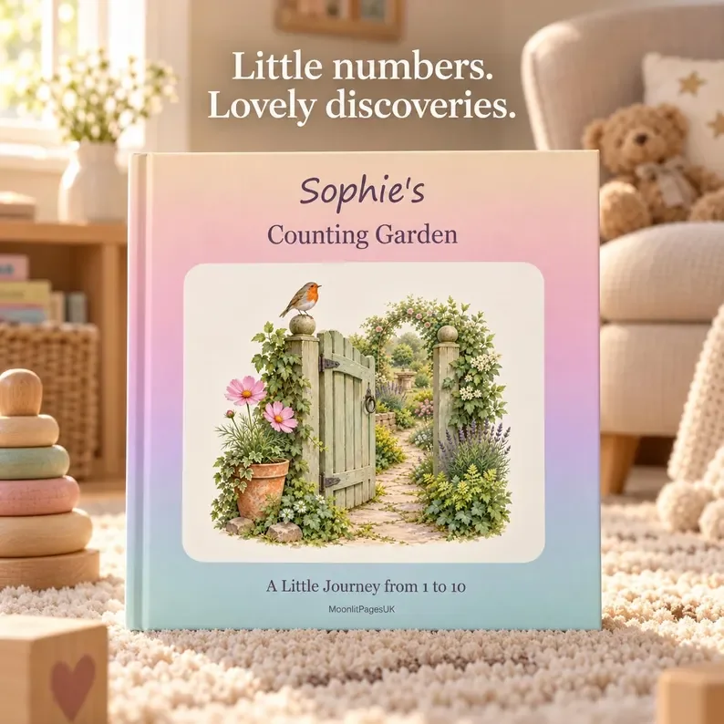 Custom name counting garden book cover with a flower archway – personalised numbers 1 to 10 book for toddlers