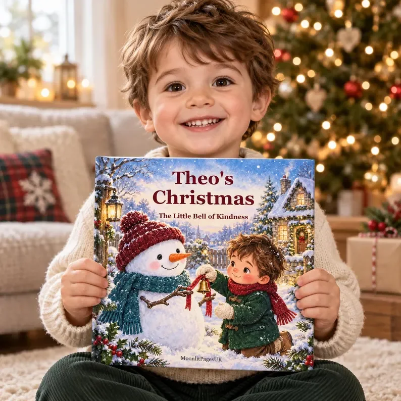 Personalised Christmas book for kids – smiling boy holding a custom name Christmas storybook with a snowman cover, a Christmas Eve box gift