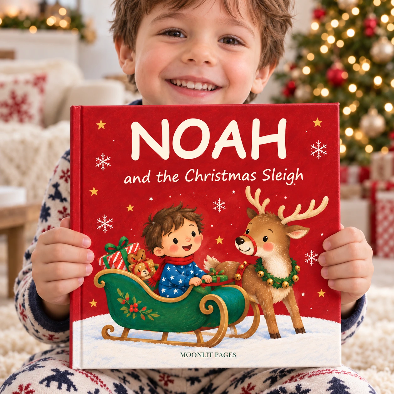 Child holding the red Christmas Sleigh book; Noah is an example name