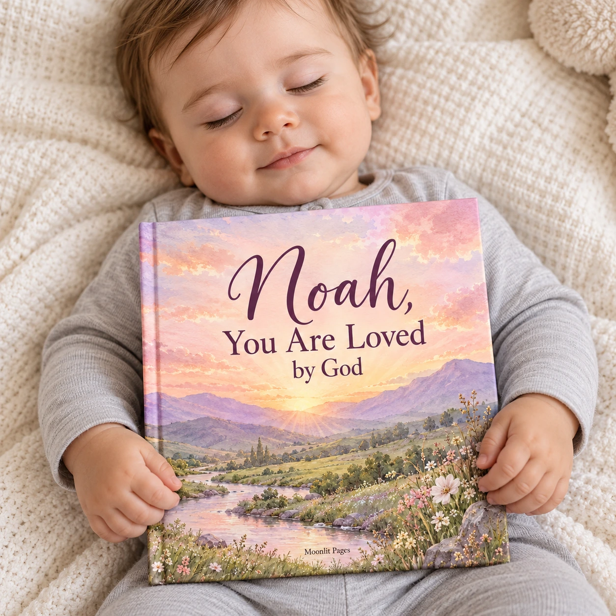 Baby holding You Are Loved by God; Noah is an example name