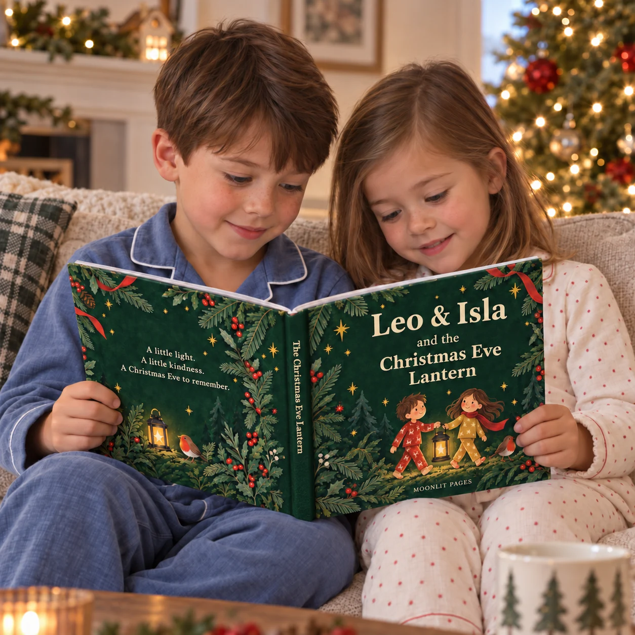 Two siblings reading The Christmas Eve Lantern at home; Leo and Isla are example names
