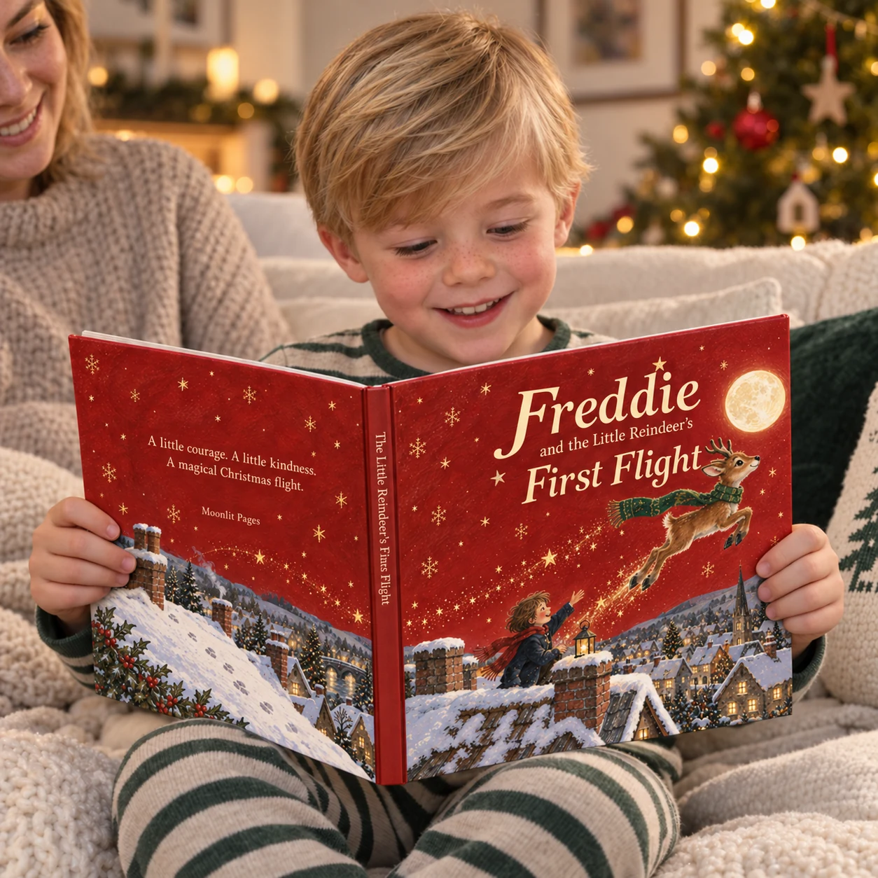 Child reading the red Reindeer First Flight book at home; Freddie is an example name