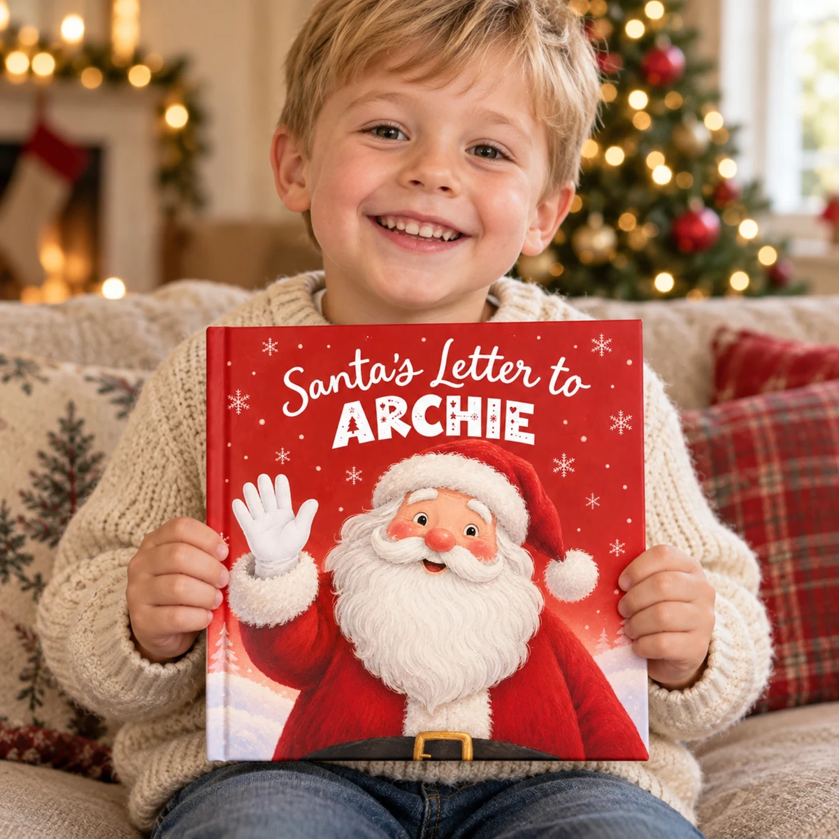 Child holding Santa’s Letter to Archie; sample personalised cover