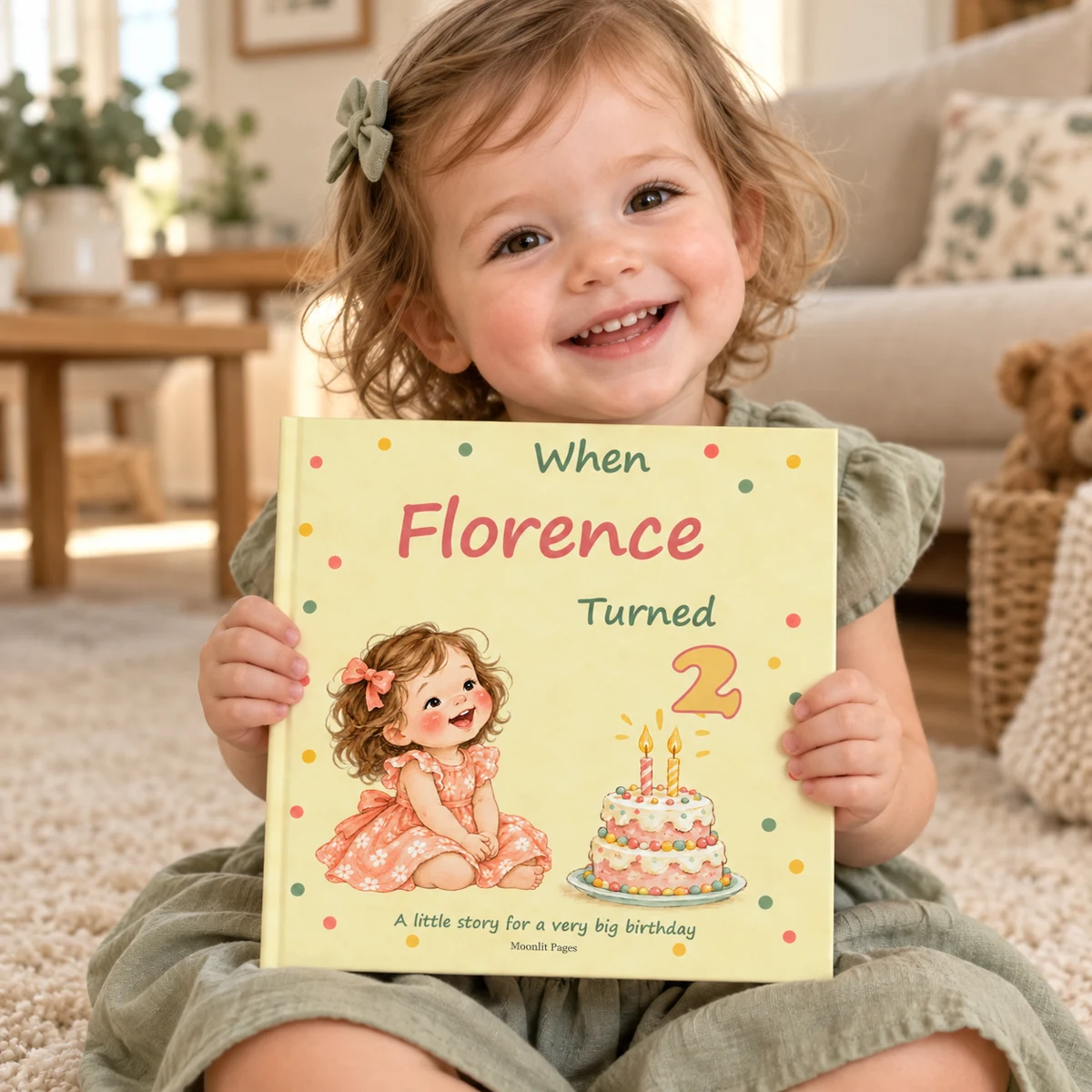 Two-year-old holding Florence’s personalised second birthday book with a yellow cover