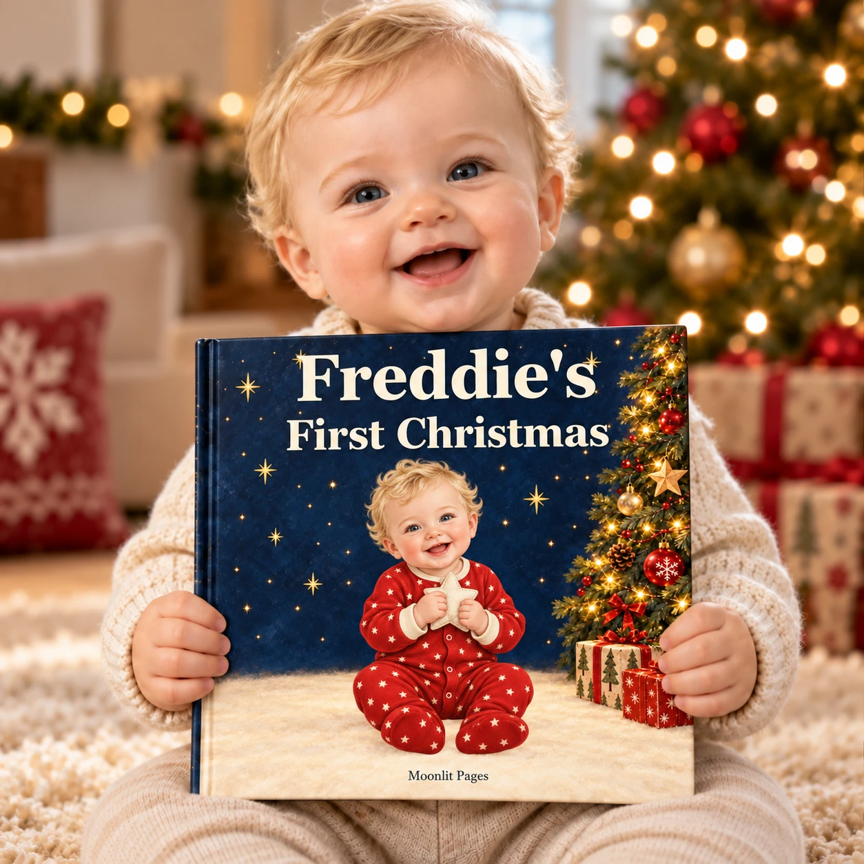 Personalised Baby’s First Christmas Book — example personalised cover and digital mockup