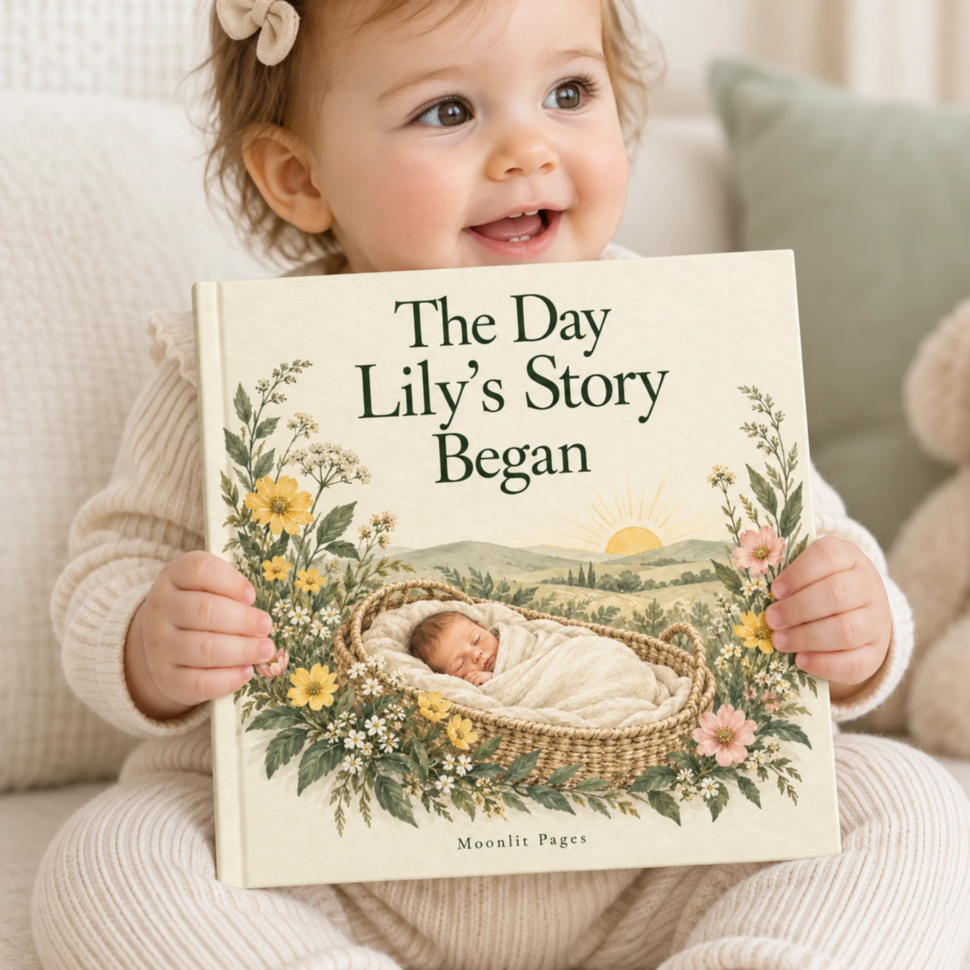 Child holding The Day Lily’s Story Began, a personalised birth keepsake; Lily is a fictional example