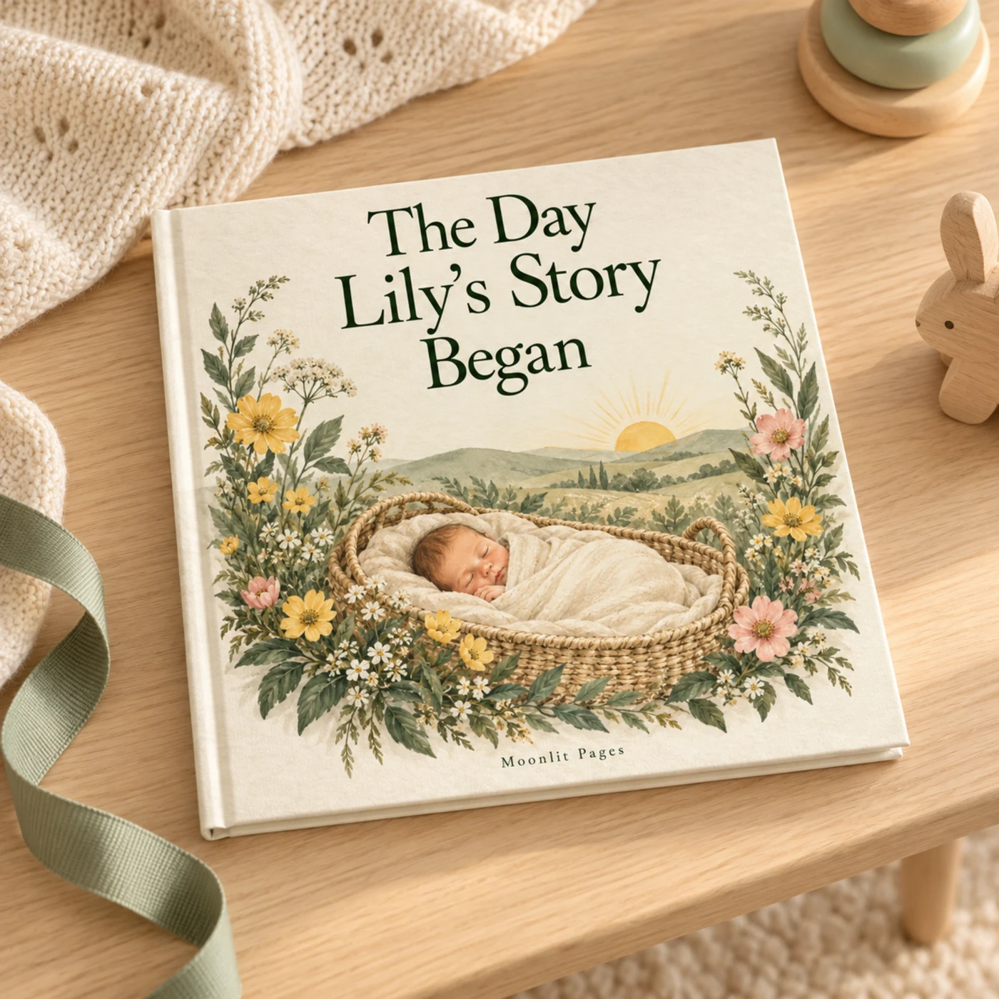 Cream personalised birth keepsake book on an oak table