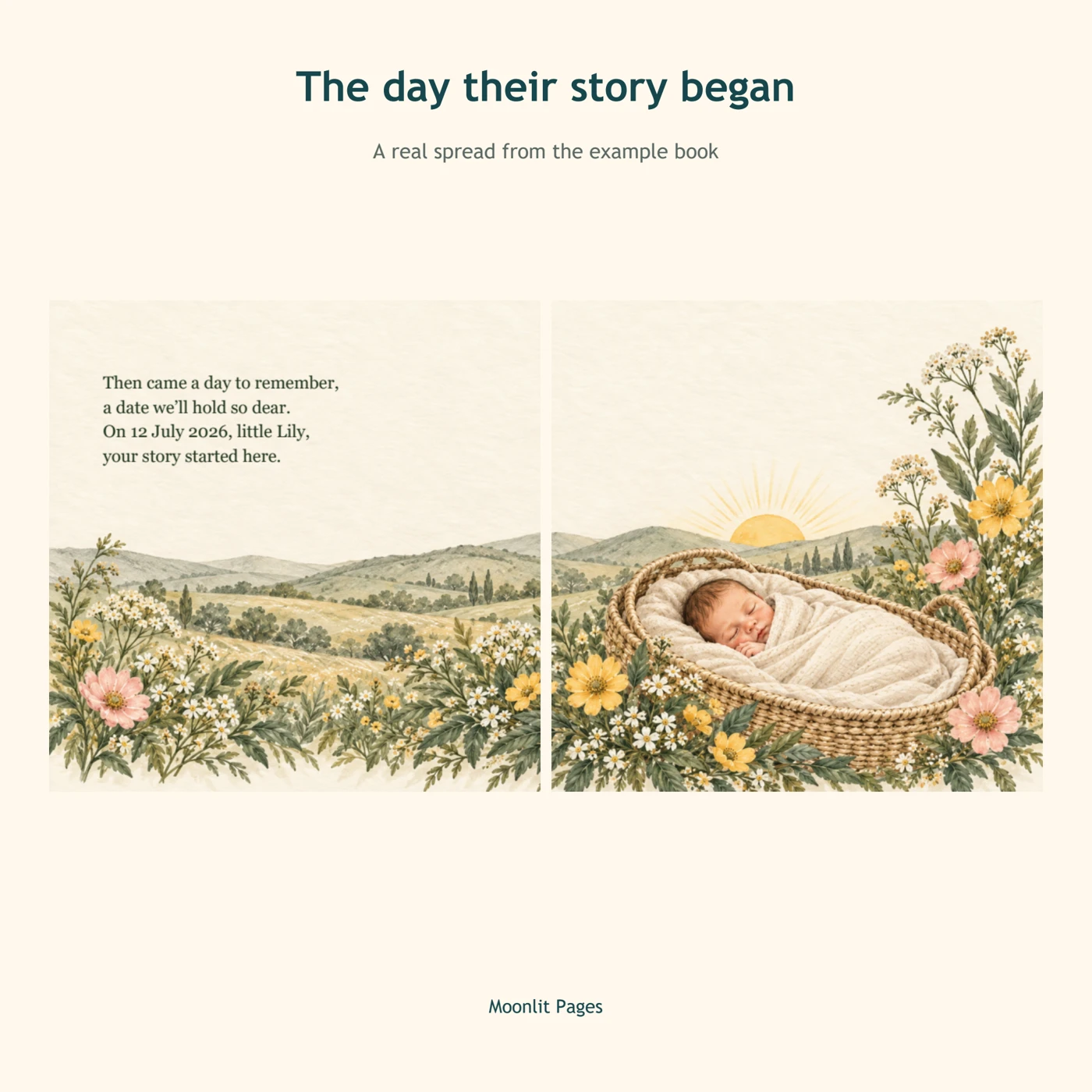 Example story spread with Lily and the fictional birth date 12 July 2026
