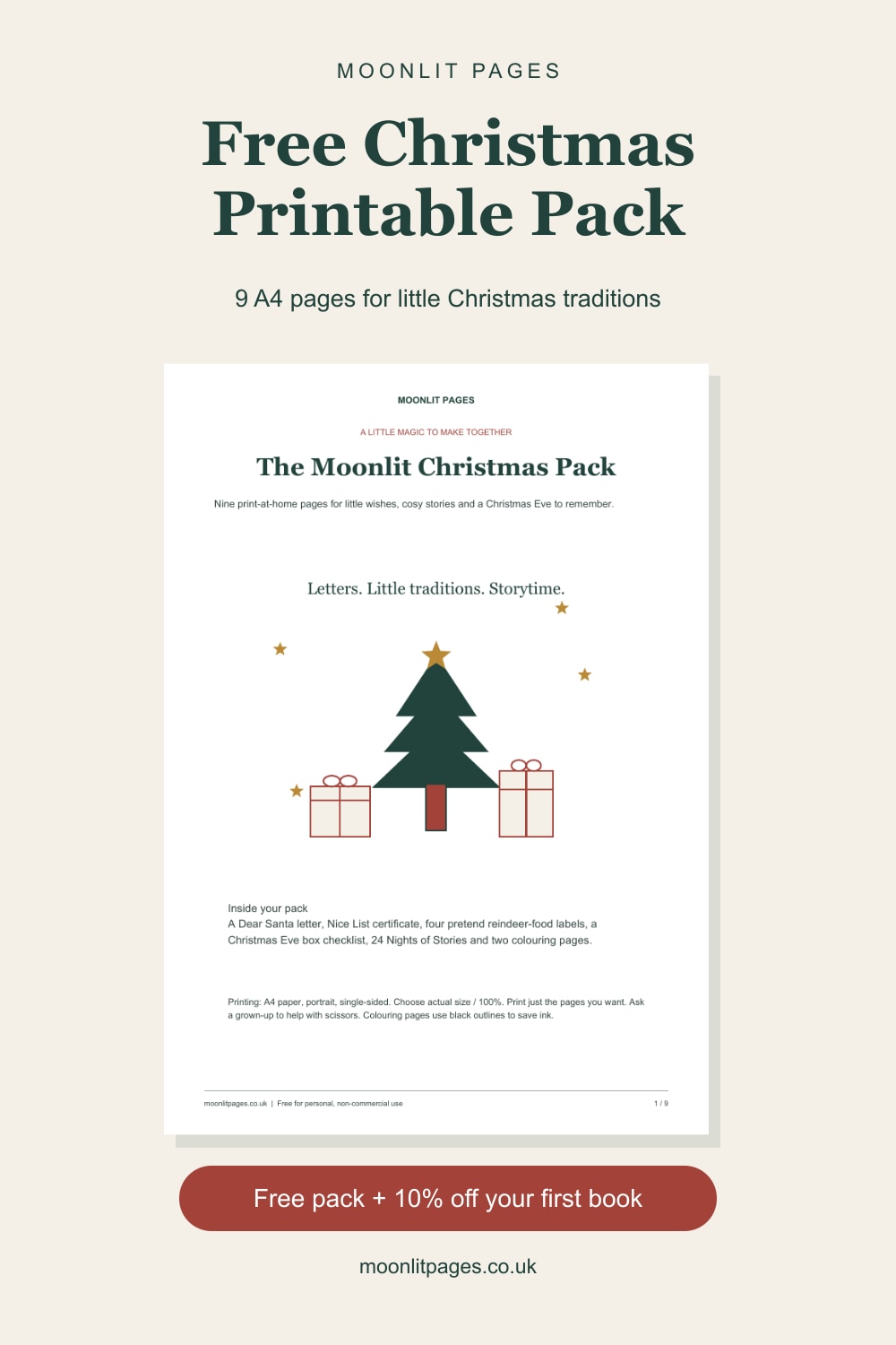 The Moonlit Christmas Pack, a free nine-page A4 printable activity pack