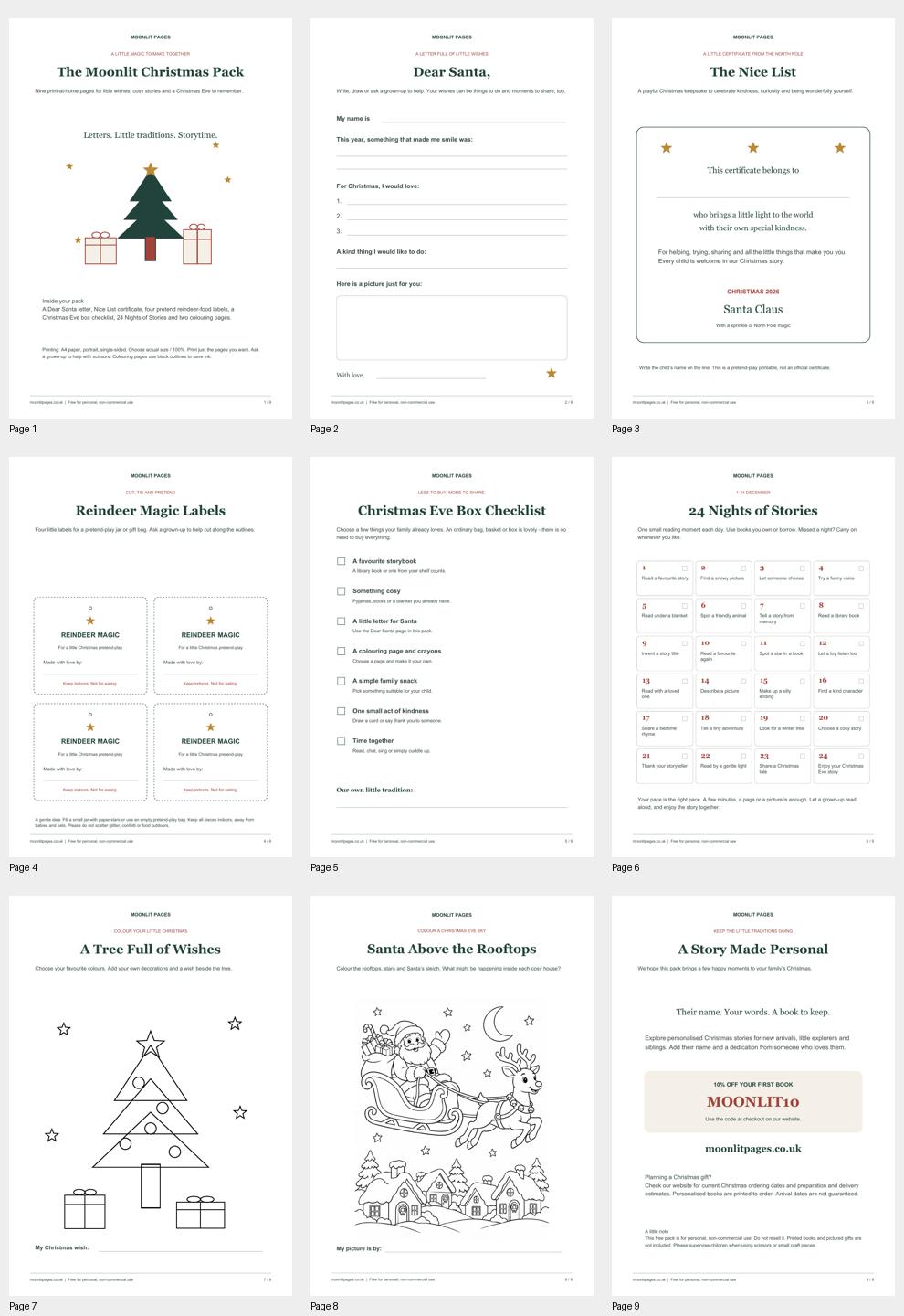 Preview of all nine pages: cover, Santa letter, certificate, labels, checklist, reading calendar, two colouring pages and welcome offer
