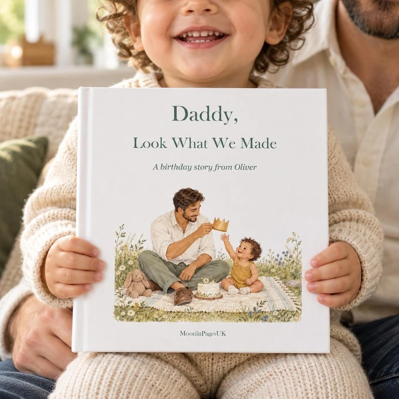 Child holding the personalised dad birthday book Daddy, Look What We Made: A birthday story from Oliver, with a watercolour father and baby. Oliver is an example name.