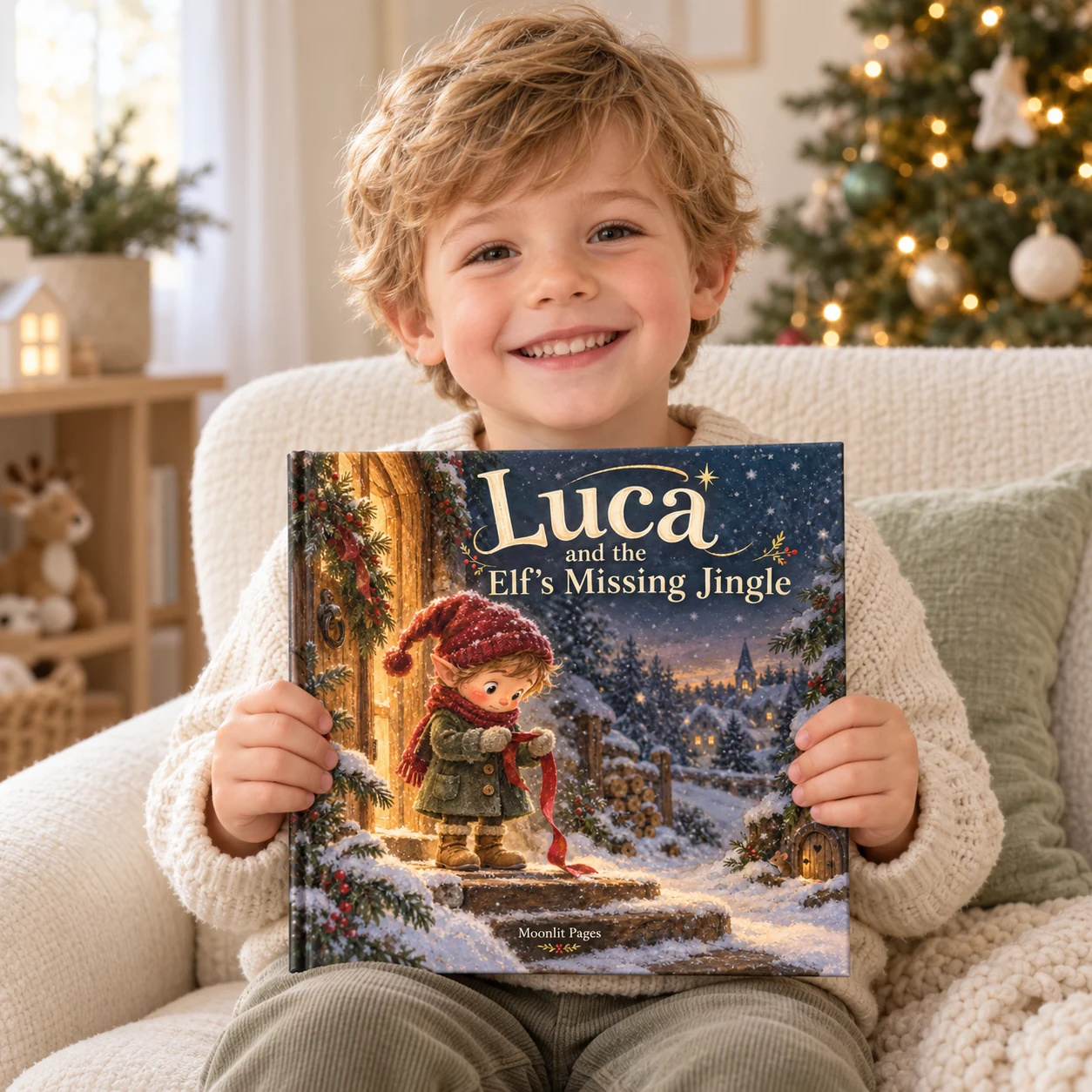 Child holding Luca and the Elf’s Missing Jingle personalised Christmas book. Luca is an example name.