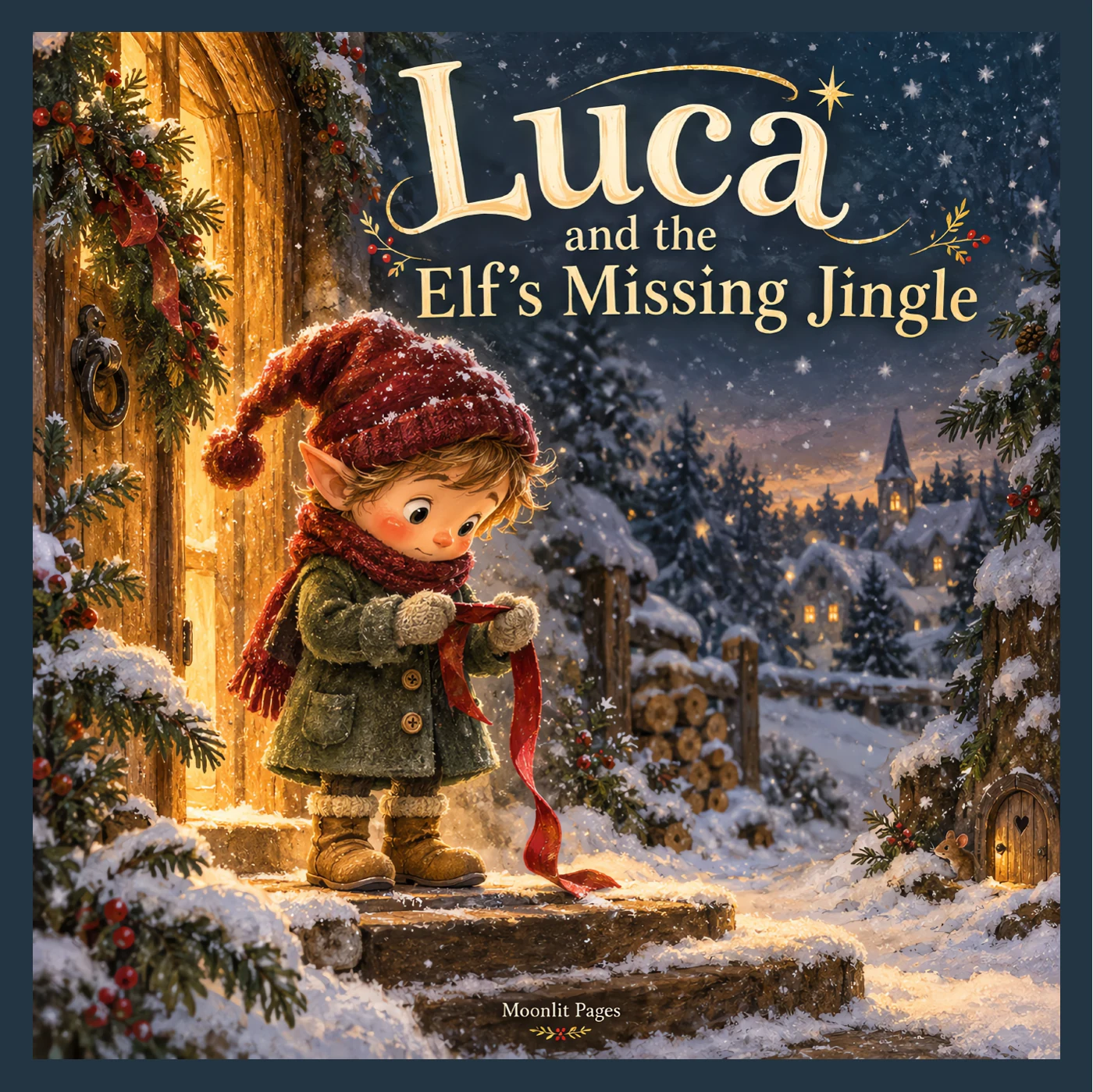 Luca and the Elf’s Missing Jingle front cover, showing Pip in a snowy doorway.