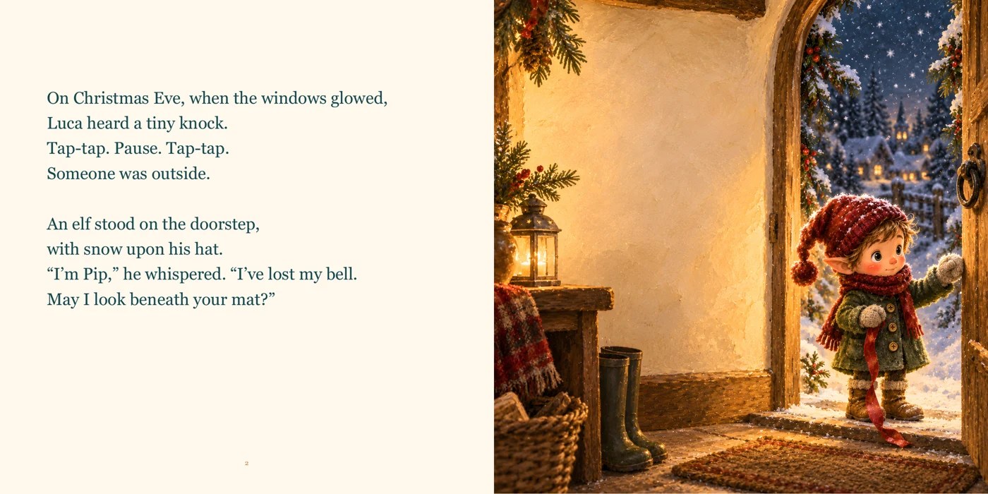 Actual opening spread: Luca hears a tiny knock and meets Pip the elf.