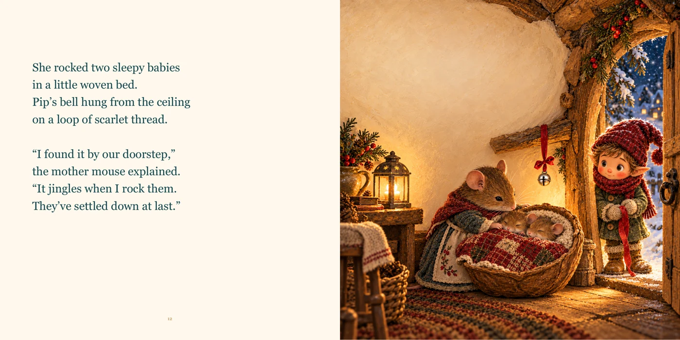 Actual inside spread: a mother mouse and her sleeping babies beneath Pip’s silver bell.