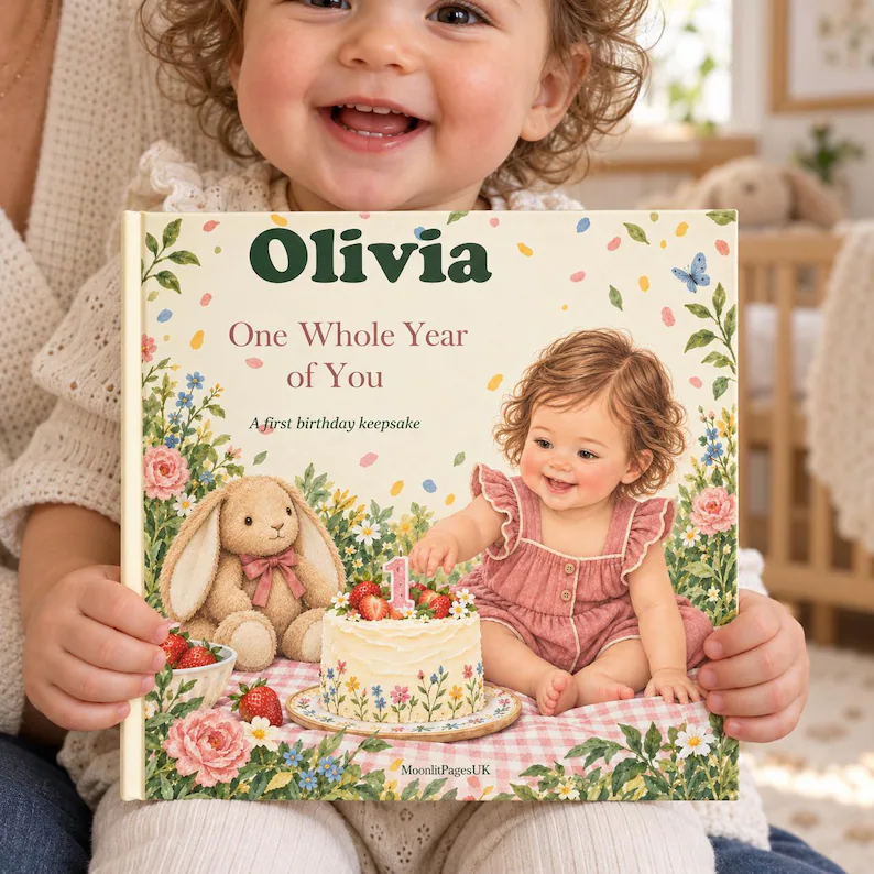 Toddler holding the personalised first birthday book One Whole Year of You, with a baby, a bunny and a birthday cake on the cover. Olivia is an example name.