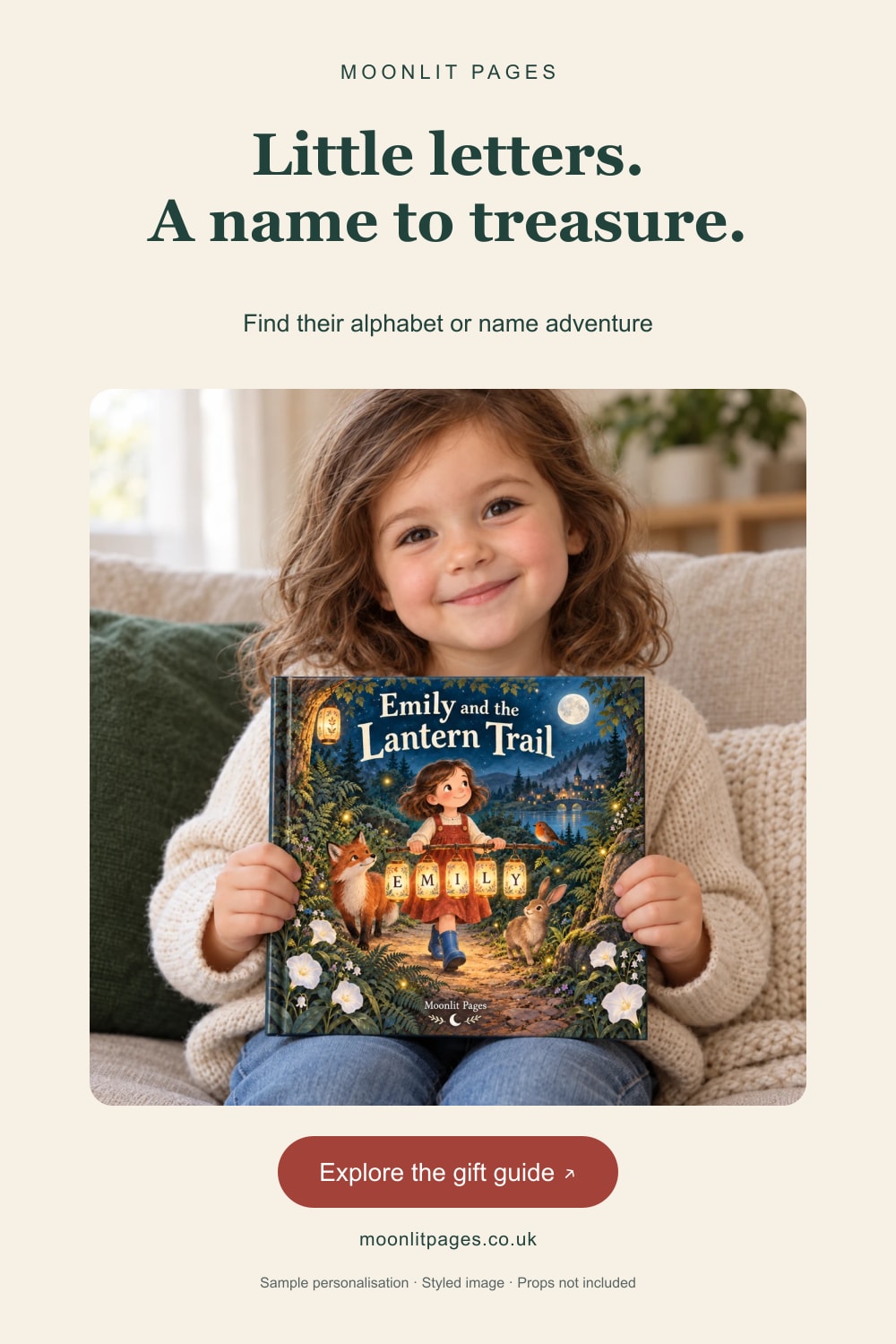 A child holding the personalised Emily and the Lantern Trail book, shown for an alphabet and name book gift guide