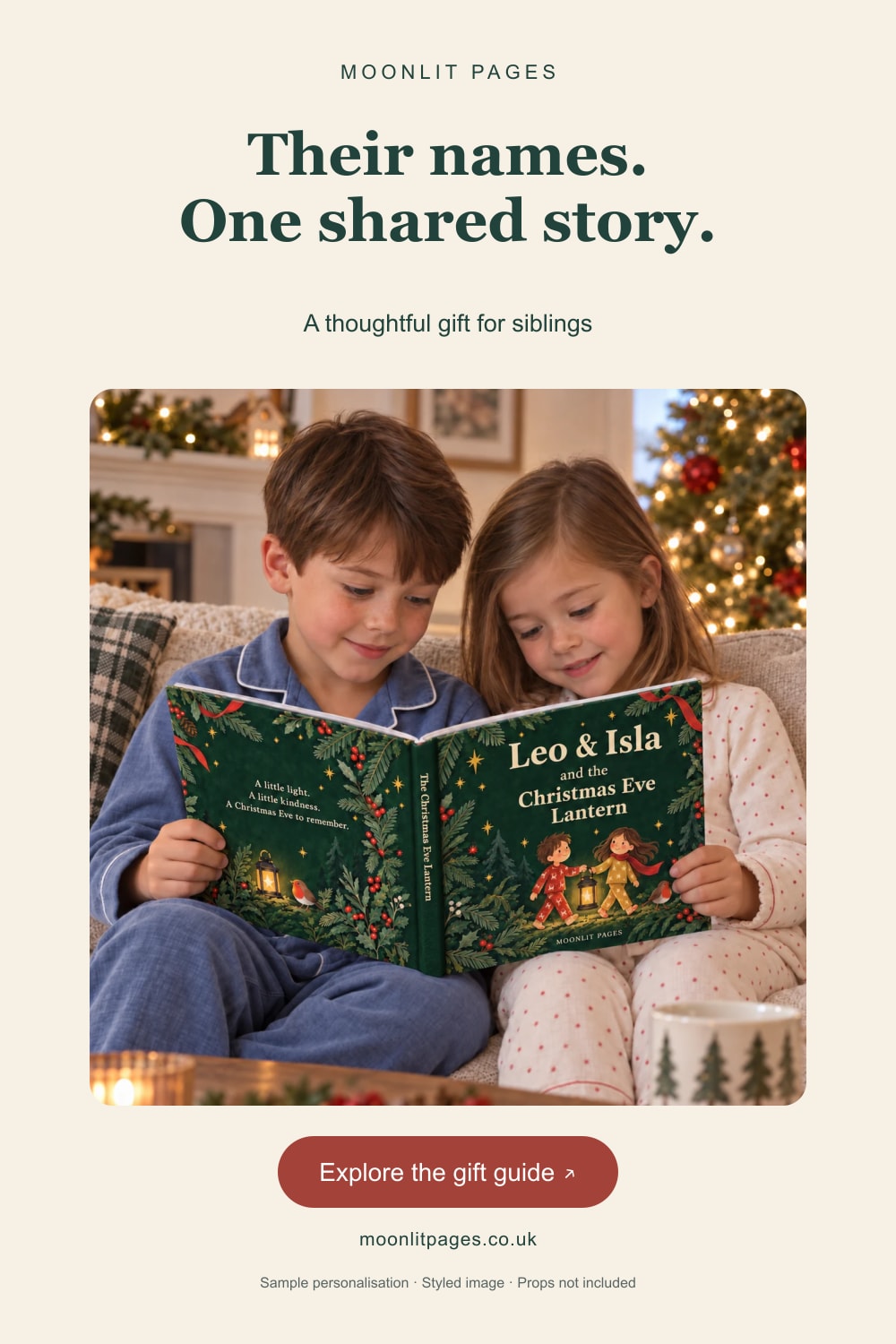 Two children reading the personalised Christmas Eve Lantern story together in a sibling gift book mockup