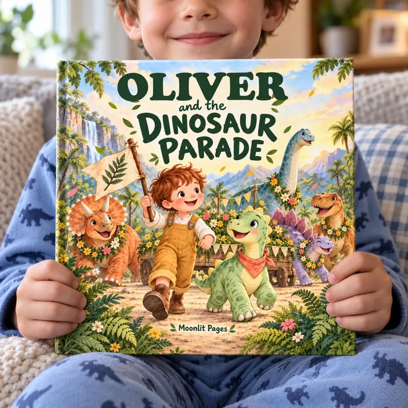 Child holding the personalised Dinosaur Parade book: Oliver and the Dinosaur Parade, with an auburn-haired explorer and friendly dinosaurs. Oliver is an example name.