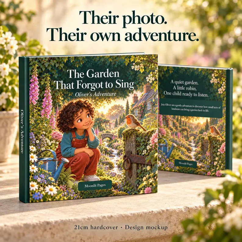 Personalised photo storybook The Garden That Forgot to Sing in a 21 cm hardcover, with an illustrated child character in a flower garden. Design mockup.