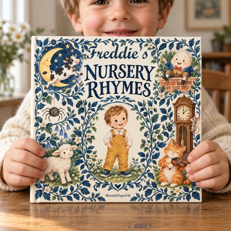 Child holding the personalised nursery rhyme book Freddie's Nursery Rhymes, with a toddler, a lamb and a clock on the cover. Freddie is an example name.