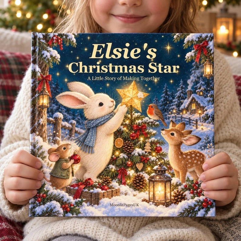 Child holding the personalised Christmas book Elsie's Christmas Star, with a rabbit and a deer by a glowing Christmas tree. Elsie is an example name.